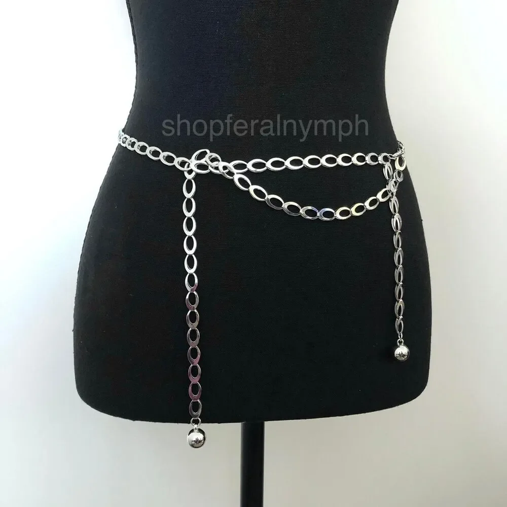 Cyber Liquid Chrome Silver Oval Link Chain Belt, Fits Up to 42 Inches, X7GA1159
